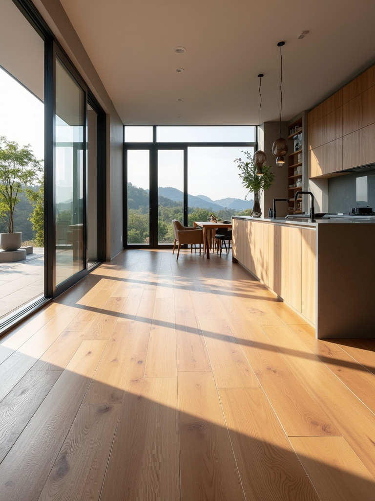 High-quality wood or composite flooring is prominently featured in the modern luxury kitchen interior, adding warmth and an organic design.