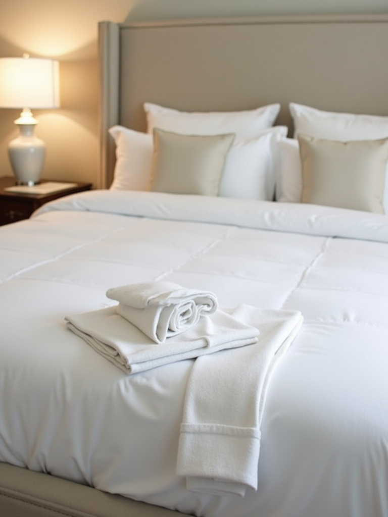 A made bed in a master bedroom featuring soft, high-thread-count white linens.
