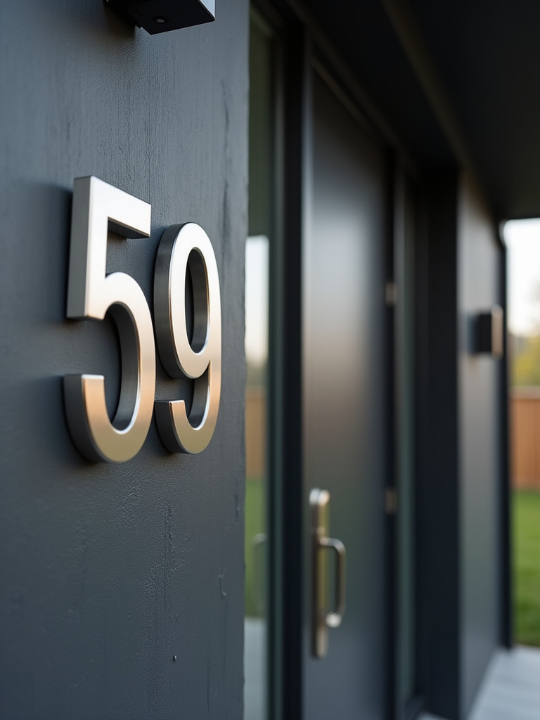 Large, brushed stainless steel house numbers mounted on a dark grey modern house wall.
