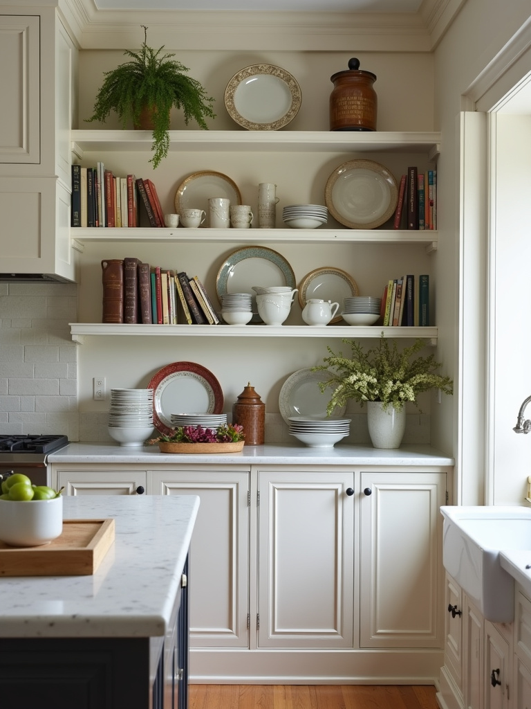 Traditional kitchen open shelving displaying china and cookbooks.
