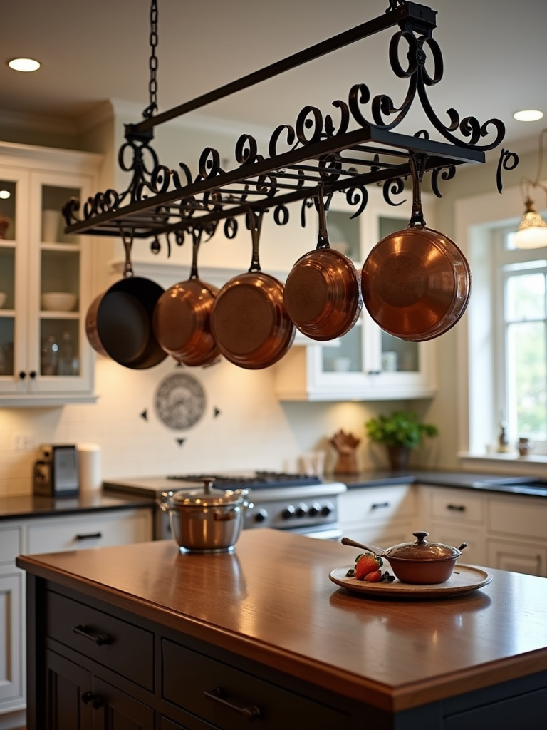 Functional and decorative wrought iron pot rack in a traditional kitchen.