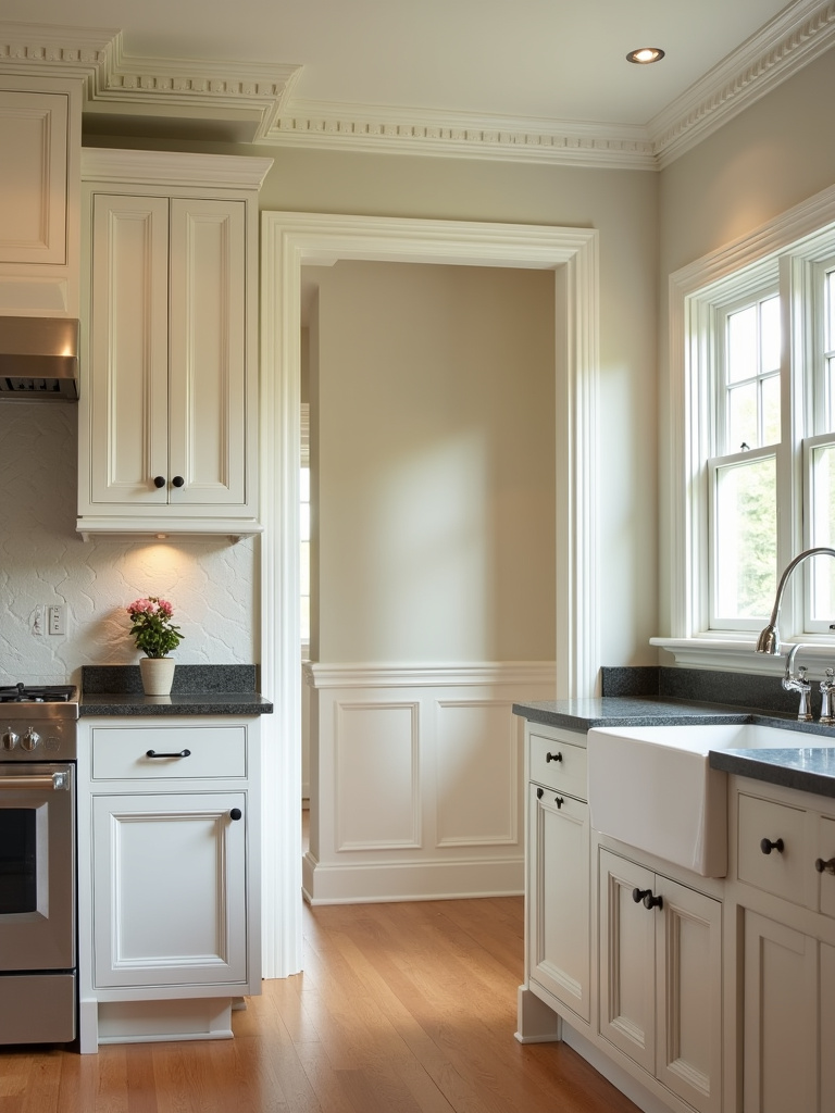 Traditional kitchen cabinetry with crown molding and wainscoting for architectural detail.
