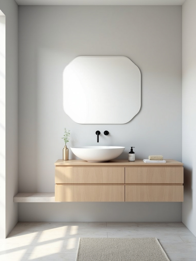 Minimalist bathroom with light wood floating vanity and light gray walls.