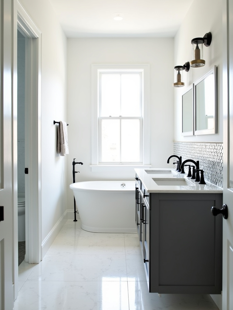 Contemporary bathroom featuring a geometric tile accent wall behind the vanity using black and white hexagon tiles, a striking patterned wall decoration.