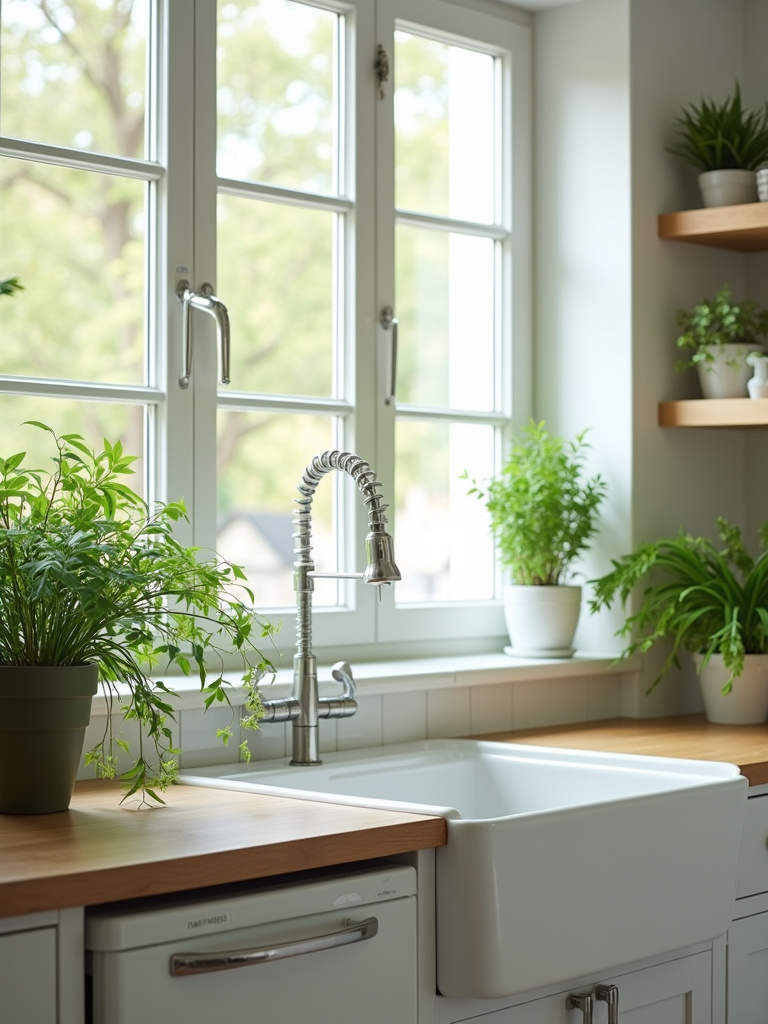 A bright kitchen featuring plants on the windowsill and counters.