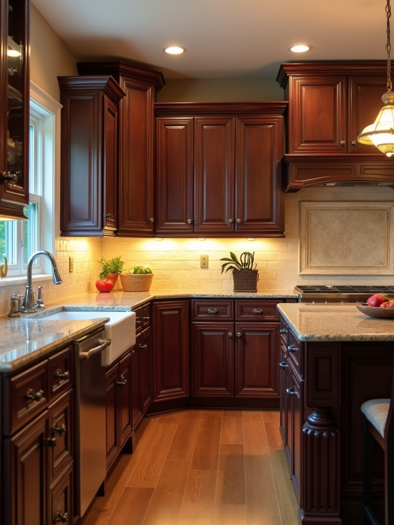 Formal traditional kitchen with rich cherry wood raised panel cabinets.