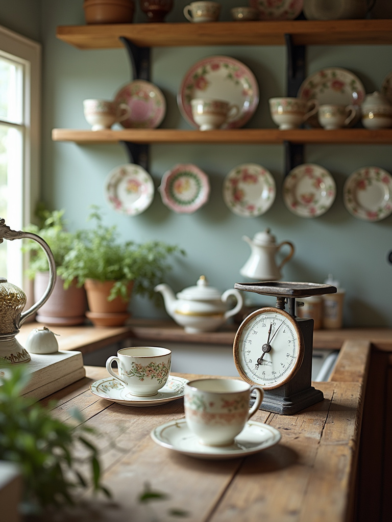 A kitchen featuring vintage items displayed on a countertop and shelves.