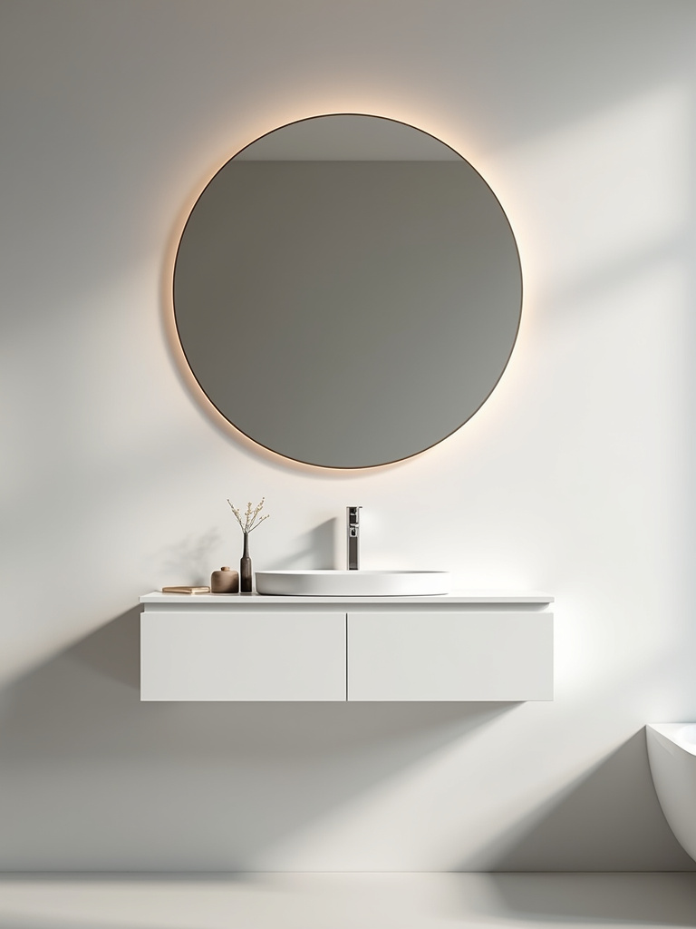 Minimalist vanity area with large frameless round mirror and white floating vanity.