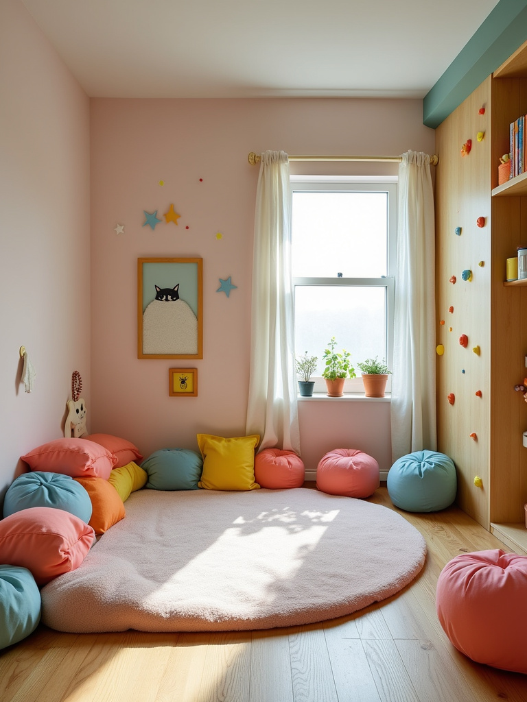 Kids bedroom with an indoor play zone including climbing wall and soft play mat.