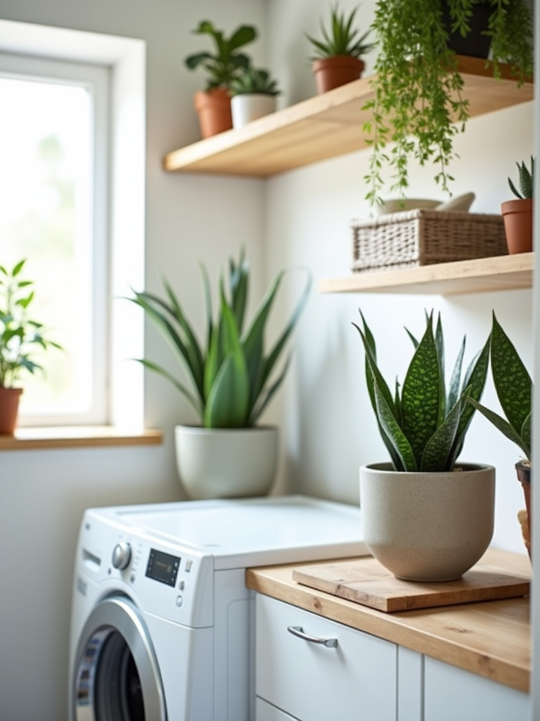 A laundry room enhanced with low-maintenance indoor plants like snake plants and ZZ plants, bringing a touch of greenery and freshness to the space.