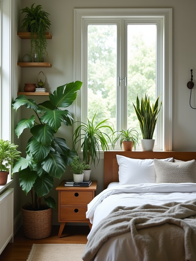 Indoor plants add a touch of nature and freshness to a well-lit master bedroom.