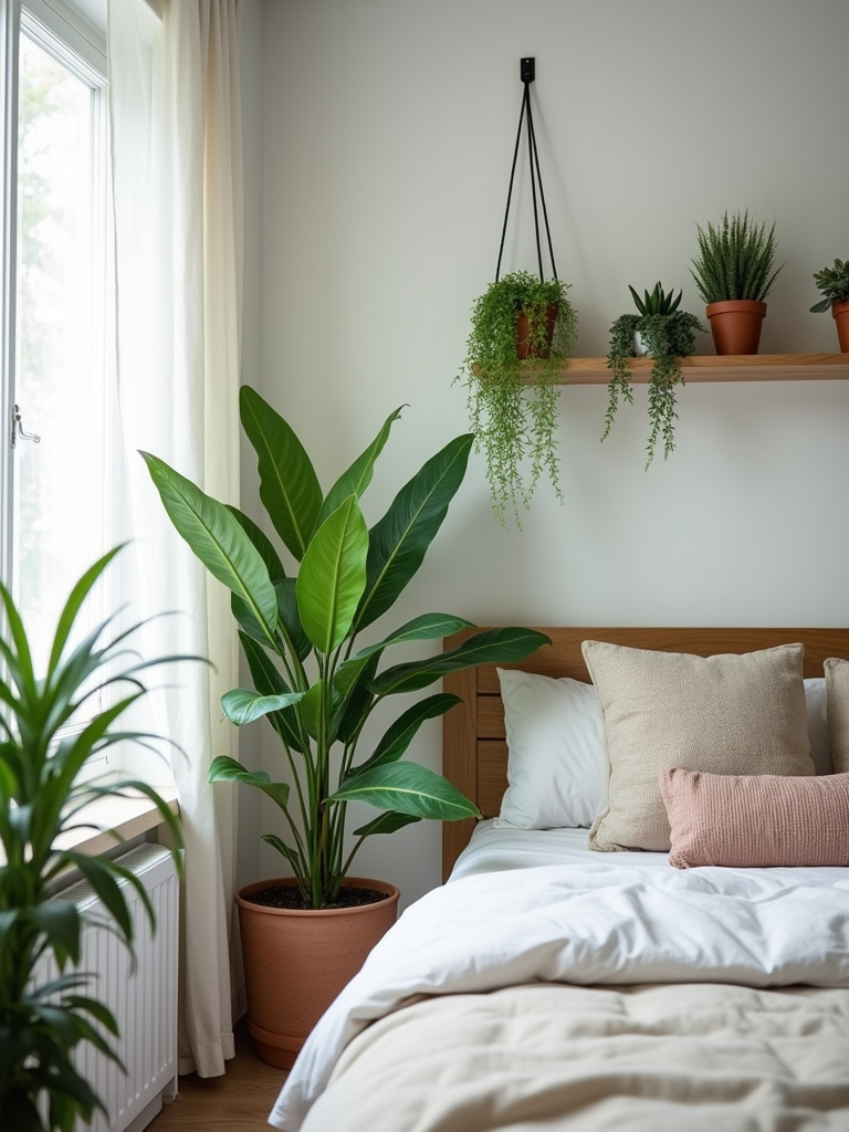 Modern bedroom with various indoor plants adding greenery and freshness.
