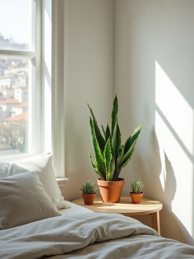 A naturally lit corner of a minimalist bedroom with a small selection of succulents and a snake plant to bring a touch of green.