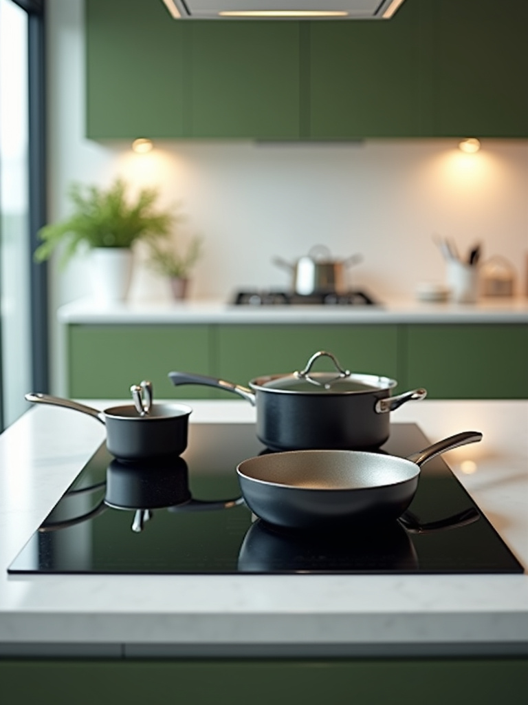 Modern kitchen island with a black induction cooktop, pots and pans, and white countertop