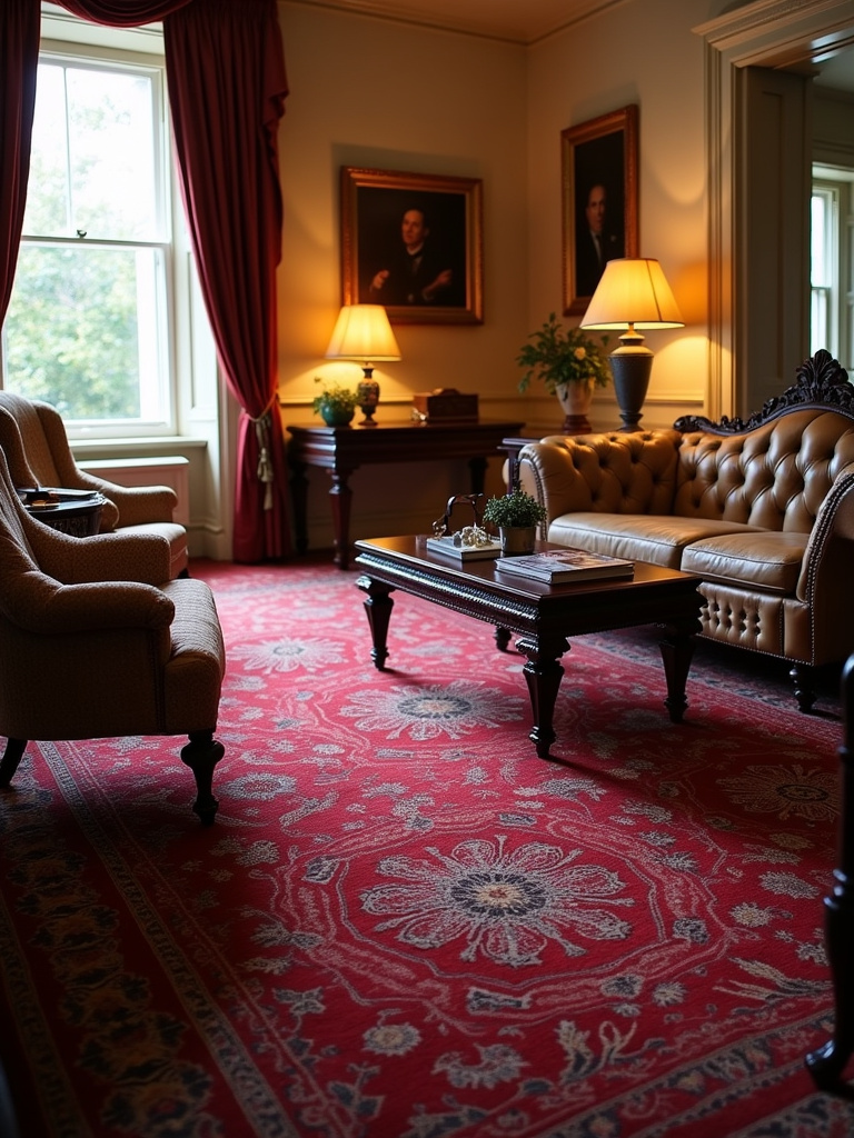 Elegant traditional living room featuring a plush red wool rug and classic furniture.