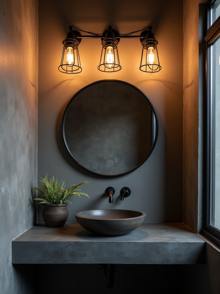 Industrial bathroom with cage vanity lights and exposed bulbs above a concrete vanity.