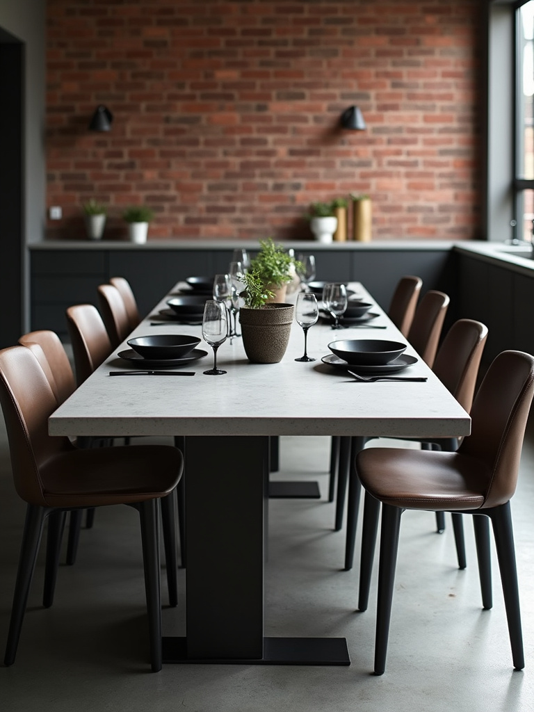 Industrial chic concrete and steel dining table in a modern loft-style kitchen.