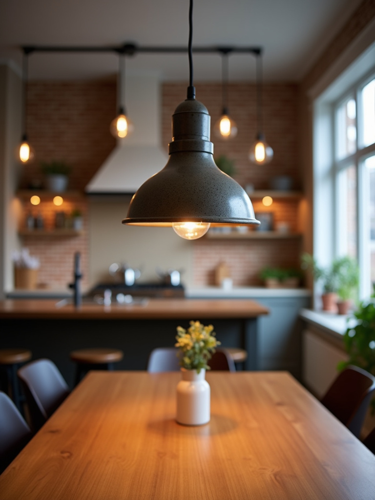 Dining room with industrial style light fixture over a wooden table.