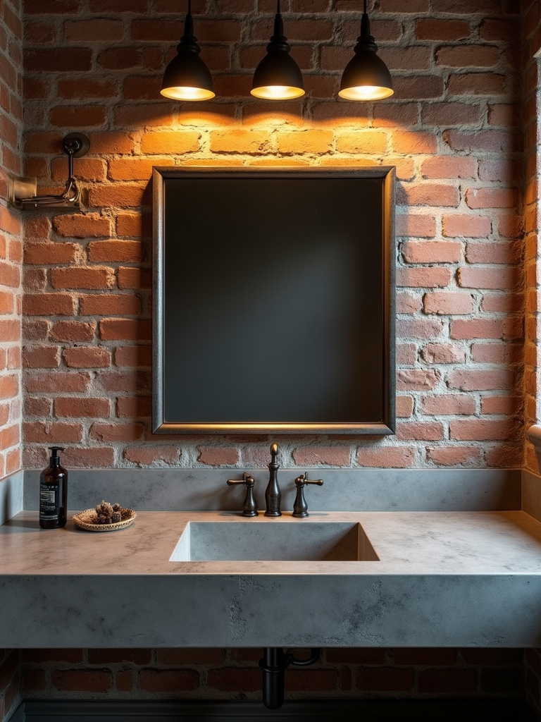 Industrial bathroom design with a raw steel-framed mirror and concrete sink, emphasizing raw materials and functional style.