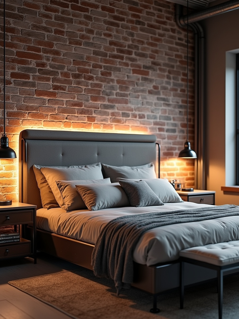 Modern bedroom with industrial touches including exposed brick and metal lighting.