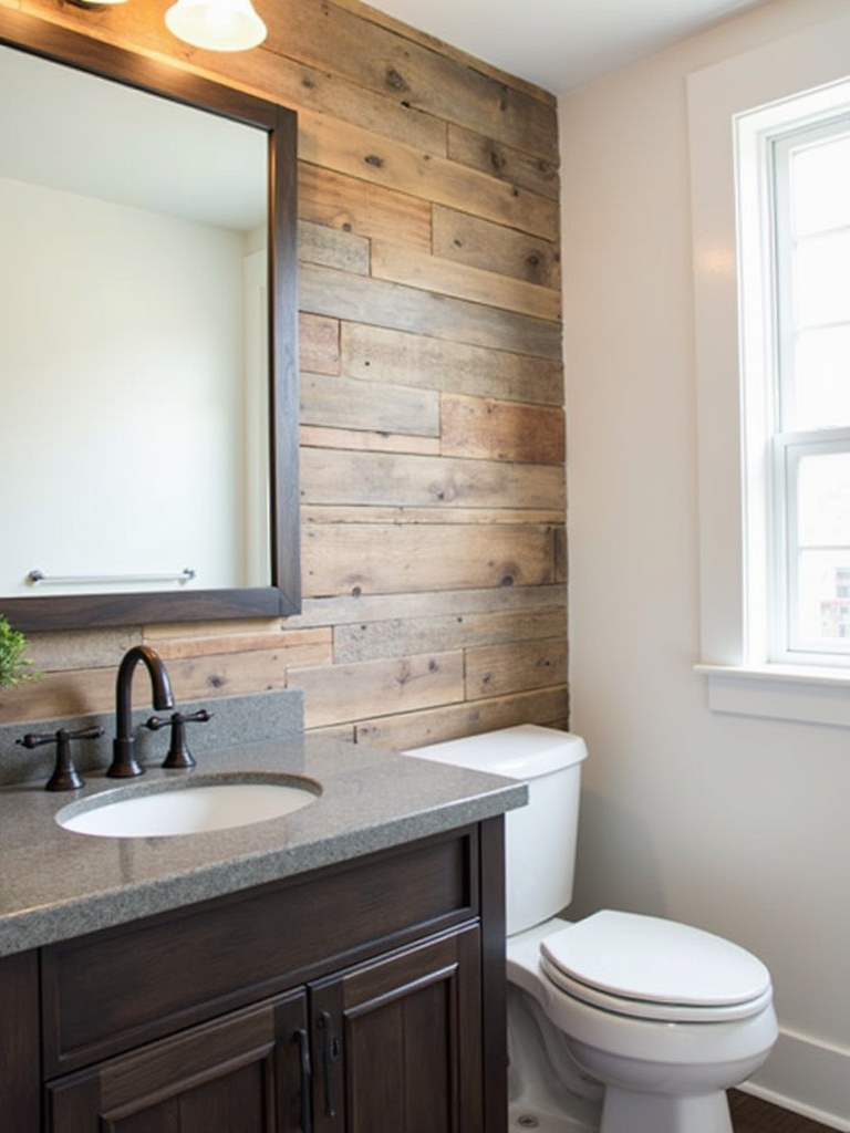 Rustic bathroom featuring reclaimed wood wall panels behind the vanity, infusing vintage charm as textured wall decoration.