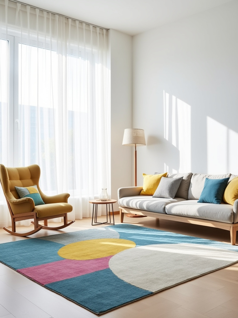 Minimalist living room featuring a vibrant abstract rug as a bold pop of color.