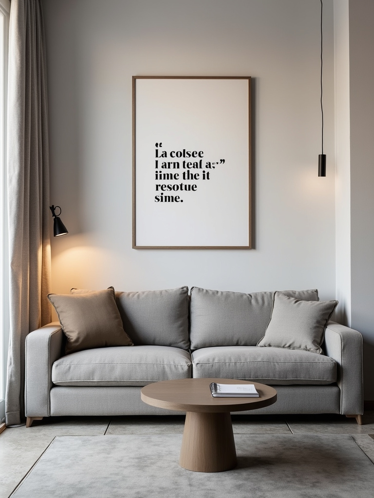 Contemporary living room with a framed typography print featuring an inspirational quote above a grey sofa.