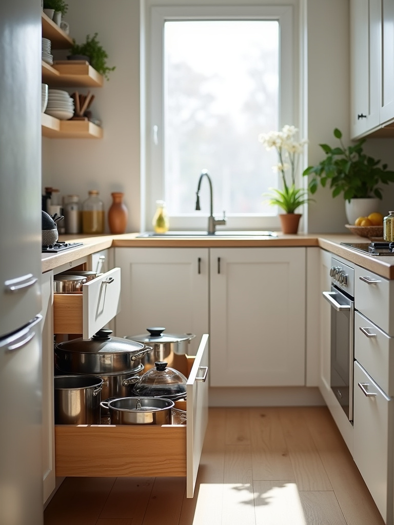 “Pull-out drawers in lower kitchen cabinets extend to reveal organized pots and pans, maximizing storage space in a small kitchen.”