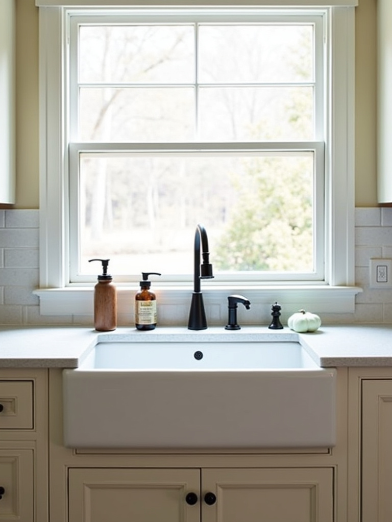 Rustic farmhouse sink in a traditional kitchen under a window.