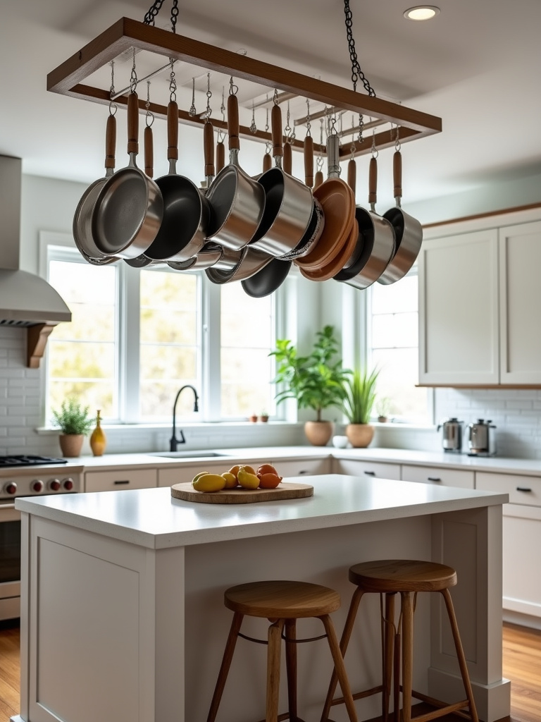 A kitchen featuring a hanging pot rack above the island.