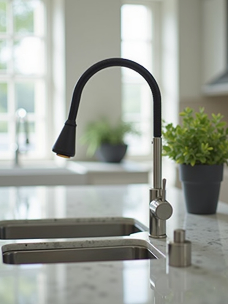 A kitchen featuring a unique, modern faucet.
