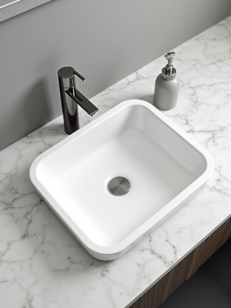 Minimalist gray quartz countertop with a white ceramic undermount sink.