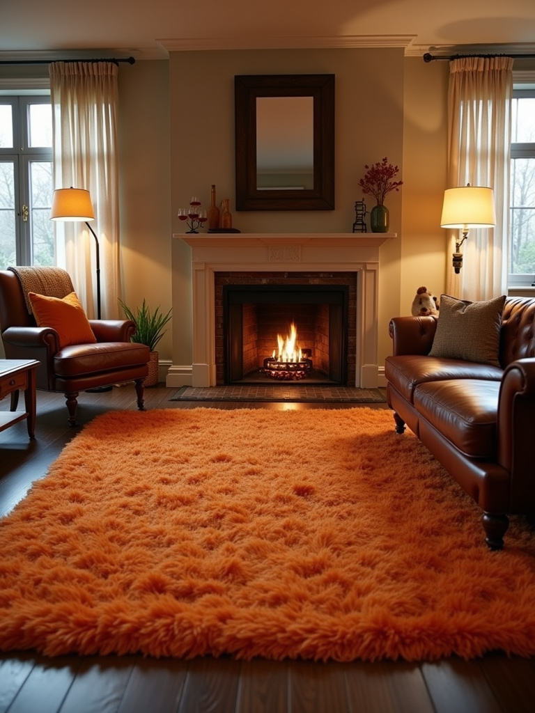 Cozy living room with a fireplace and a large orange shaggy rug creating a warm and inviting atmosphere.