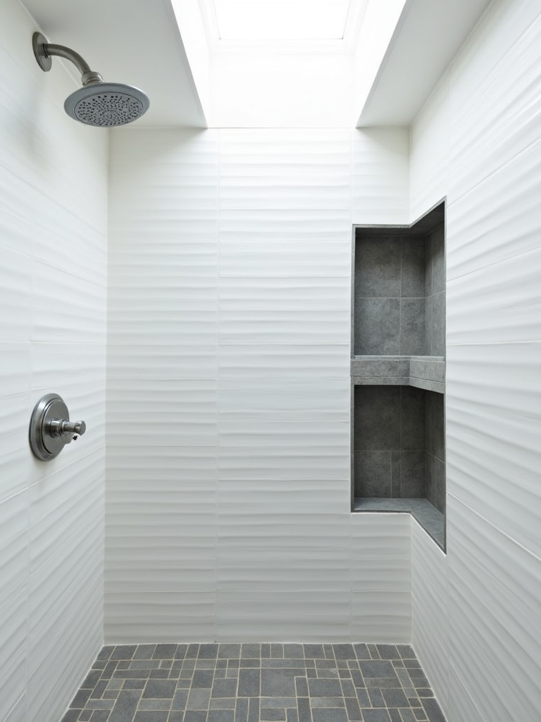Minimalist shower with built-in niche shelving in white and dark gray tiles.
