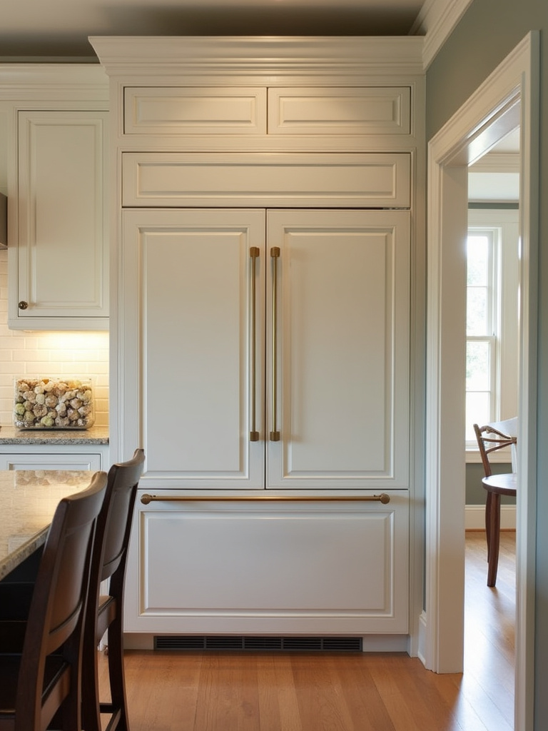 Seamlessly integrated paneled refrigerator in a traditional kitchen.