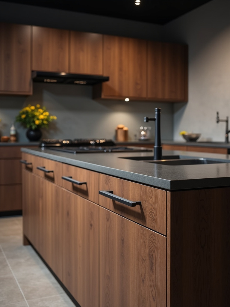 Modern kitchen with dark wood cabinets and integrated metal bar handles, concrete countertops, and stainless steel sink, emphasizing understated elegance.