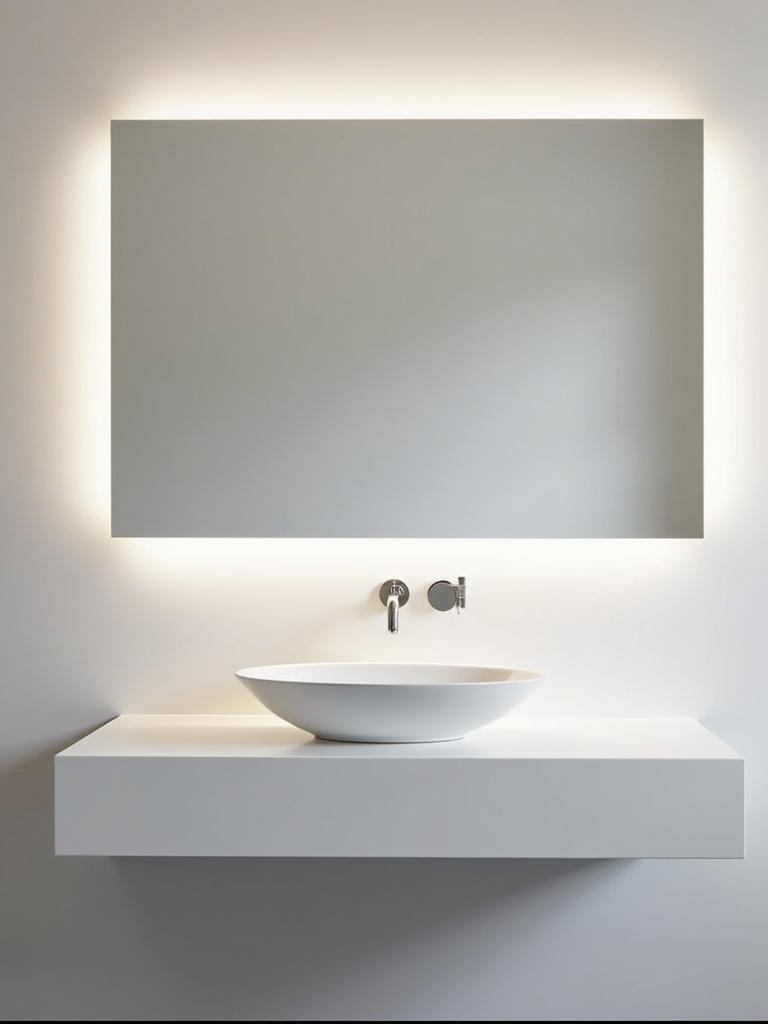 Modern minimalist bathroom with an integrated LED vanity mirror providing space-saving lighting.