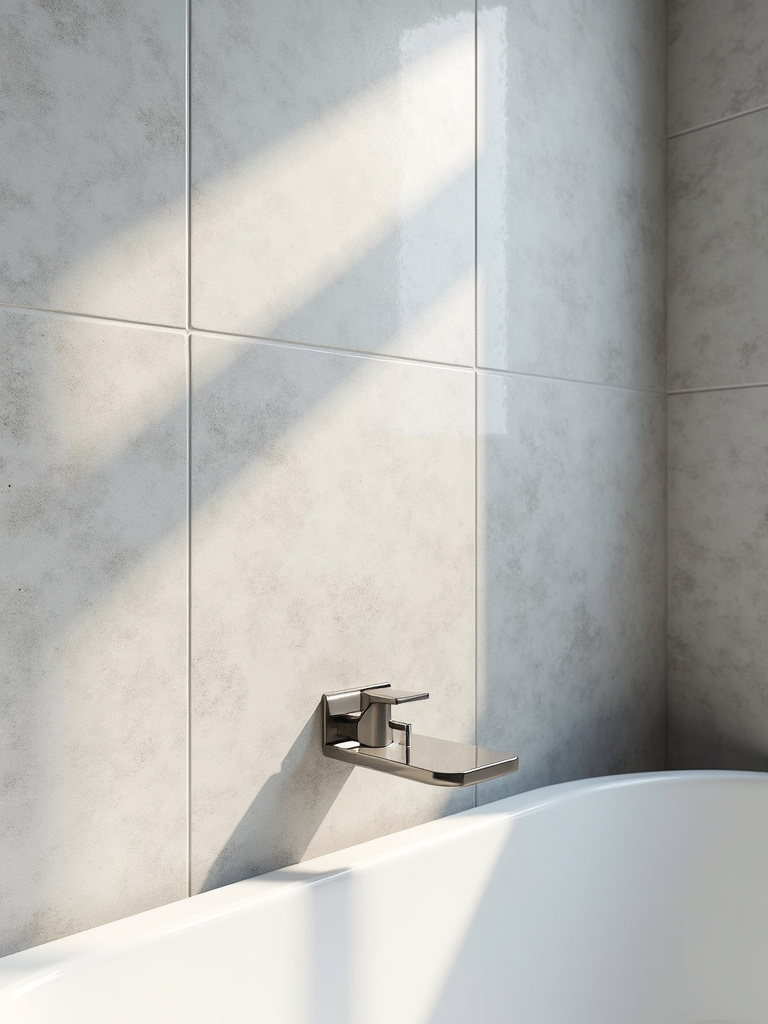 Minimalist bathroom accent wall with textured natural stone tiles.