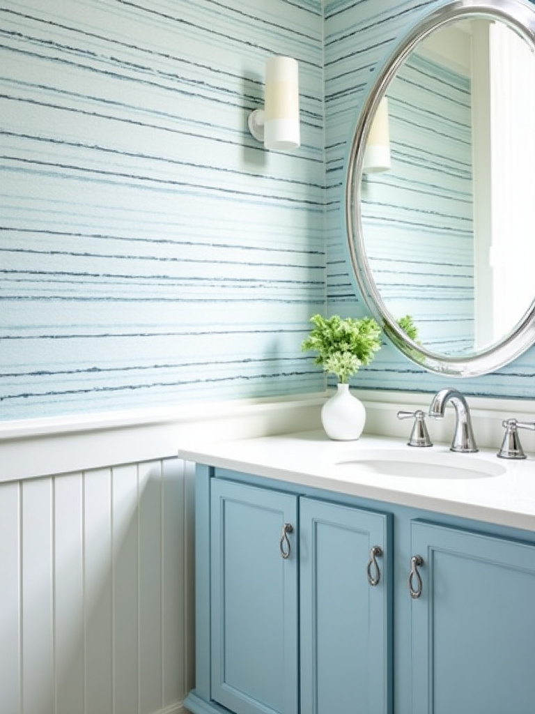 Coastal bathroom with blue and white striped waterproof wallpaper adding texture to the walls above white wainscoting, a refreshing wall decoration choice.