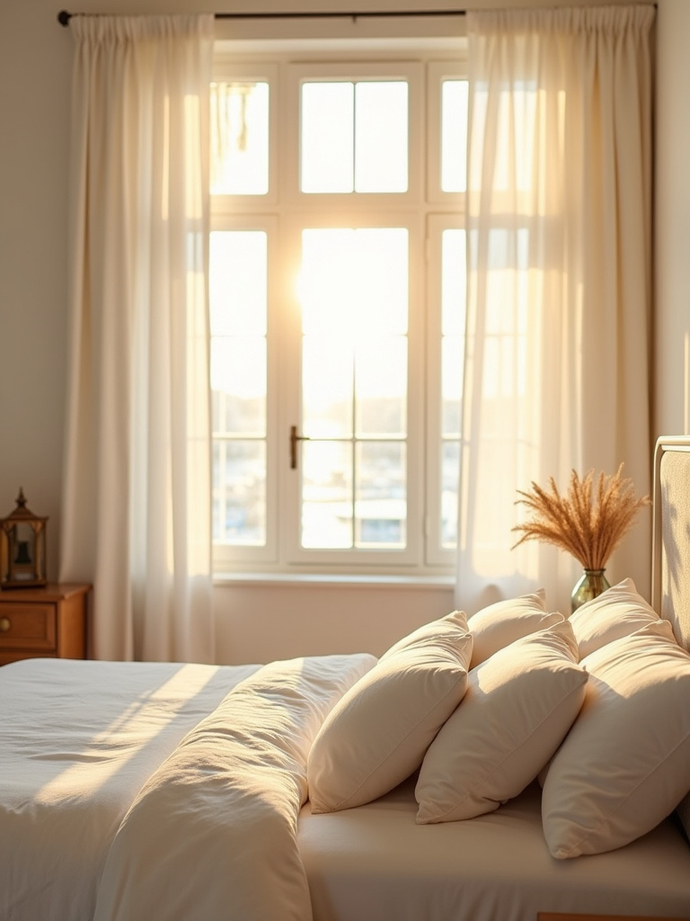 Warm and inviting bedroom with creamy white walls and golden sunlight.