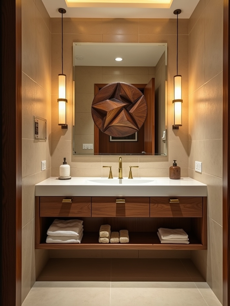 Mid-century modern bathroom featuring an abstract geometric wooden wall art sculpture made of walnut wood, introducing warmth as sophisticated wall decoration.