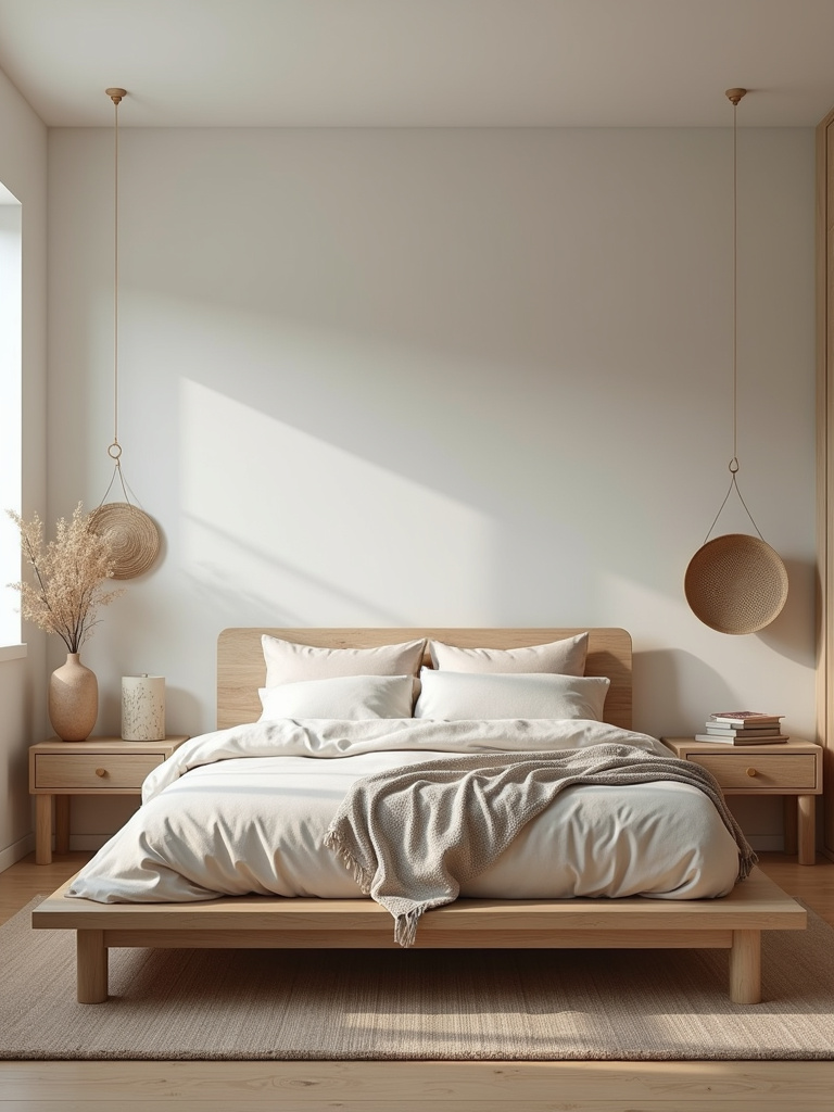 Modern Japandi style bedroom with light wood furniture, linen bedding, and natural textures.