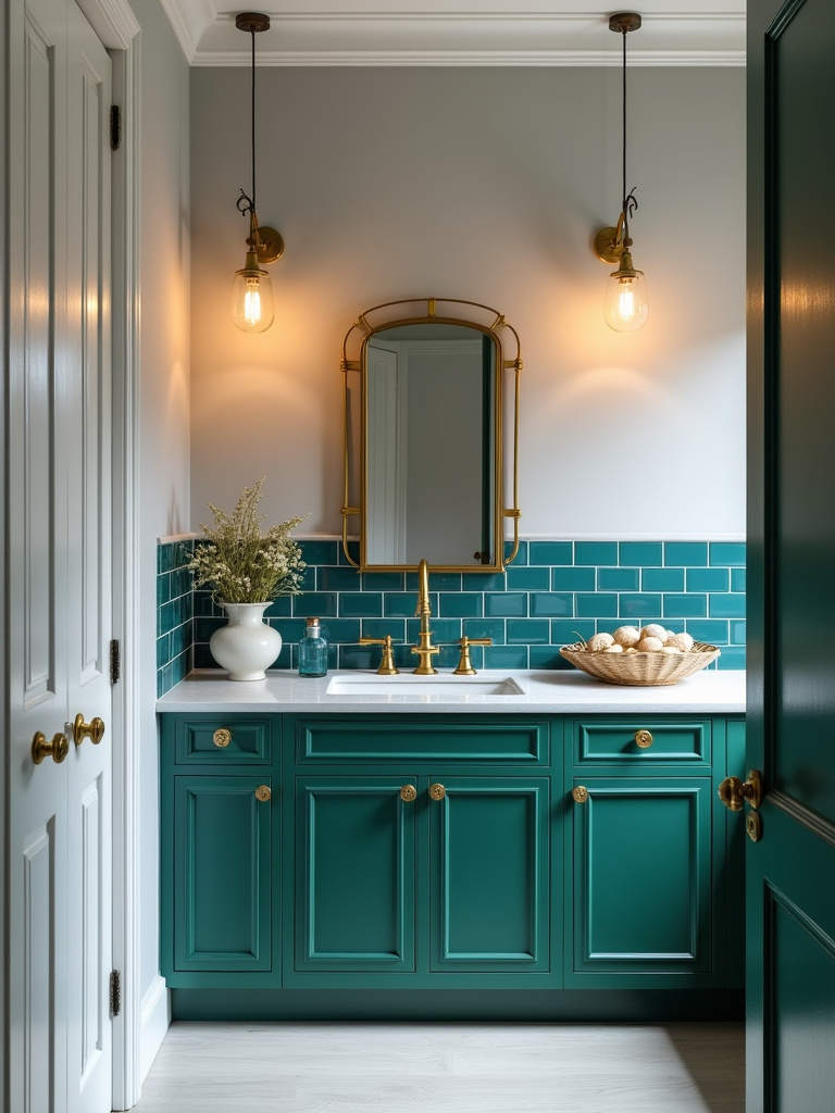 “Luxurious laundry room with jewel tone accents, featuring light gray walls, emerald green lower cabinets, a sapphire blue tile backsplash, and gold hardware, illuminated by warm pendant lights.”