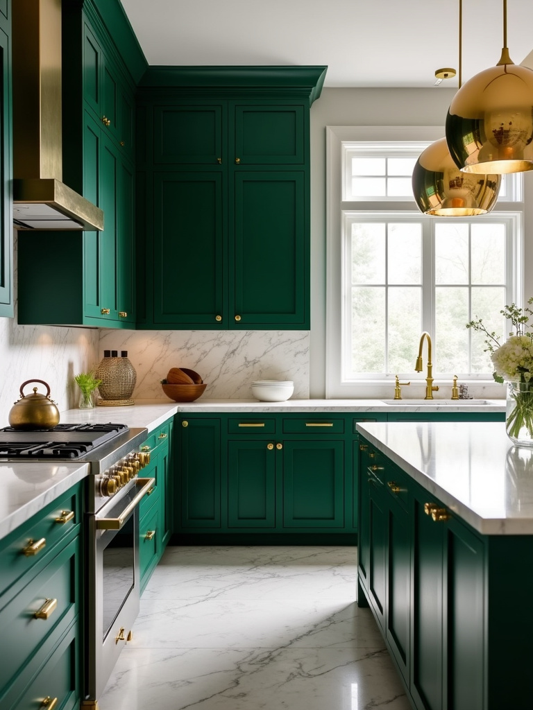 Luxurious emerald green kitchen with gold hardware and marble countertops.