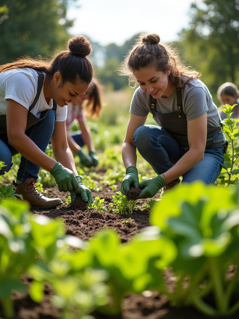 Community garden scene with diverse gardeners working together, planting, weeding, and harvesting vegetables, illustrating a collaborative gardening environment.