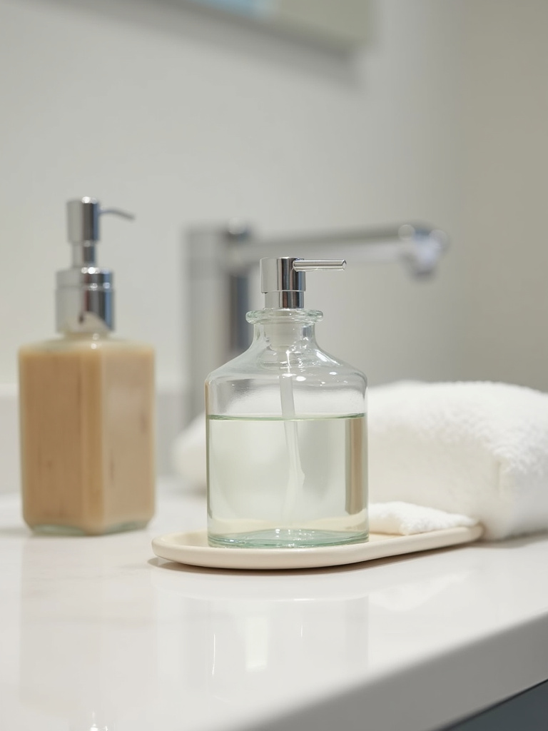 Minimalist bathroom countertop with simple glass soap dispenser and ceramic tray.