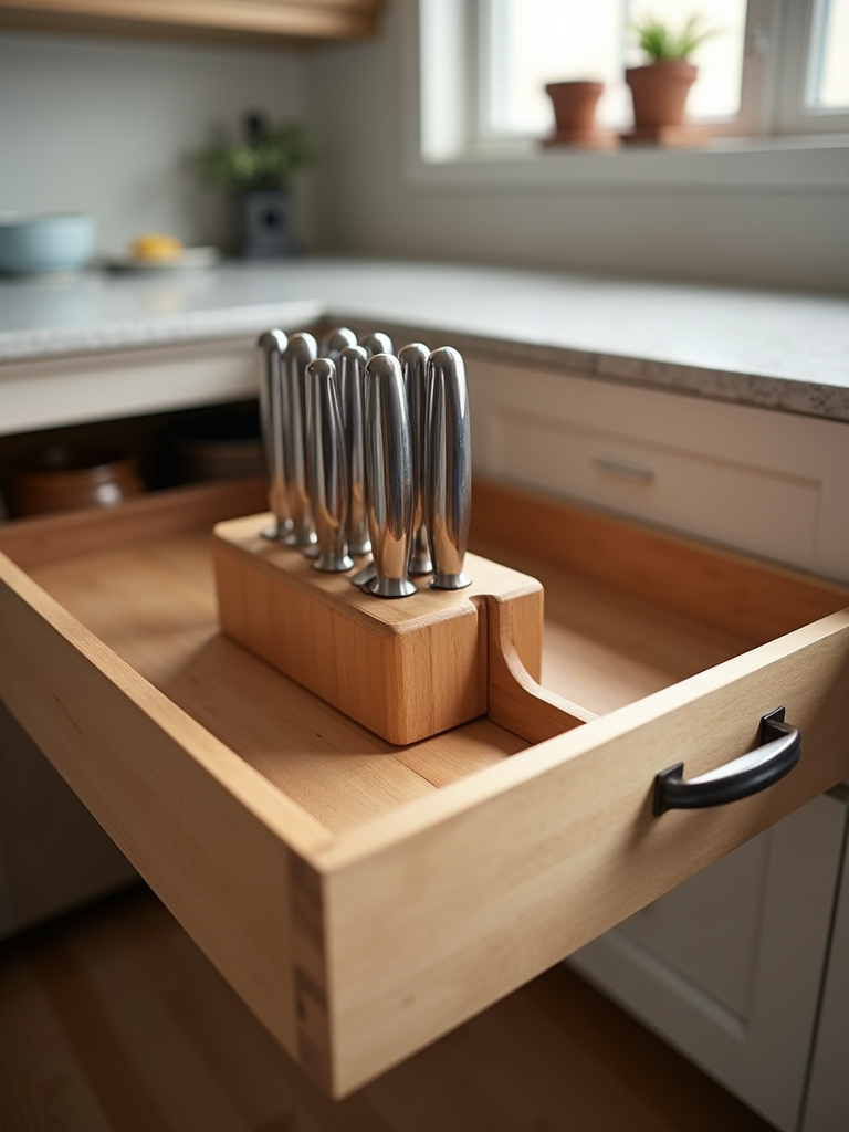 “Wooden in-drawer knife block inside a kitchen drawer, safely storing a set of stainless steel kitchen knives with handles easily accessible.”