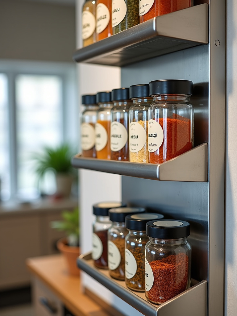 “Stainless steel wall-mounted spice rack on a kitchen wall, filled with glass spice jars with clear labels, keeping spices organized and within easy reach.”
