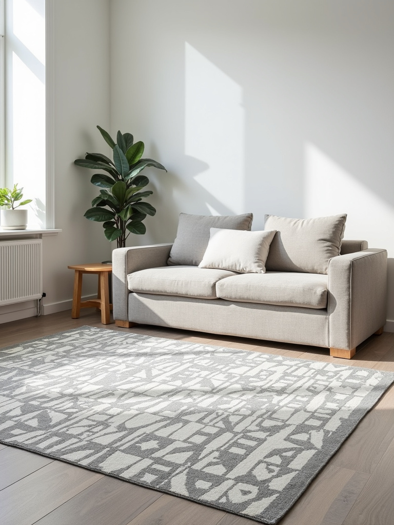 Minimalist living room featuring a flatweave grey and white geometric rug and simple modern furniture.