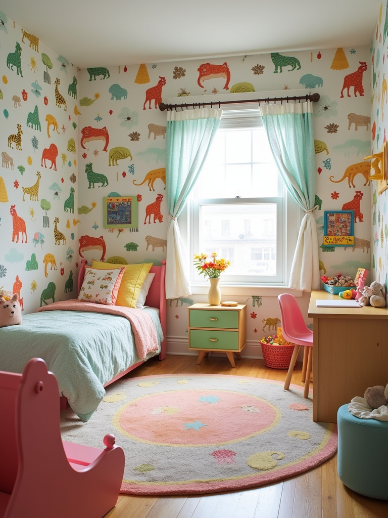 A vibrant and playful kids’ bedroom featuring colorful animal-themed wallpaper, kid-sized furniture, bright decor, all naturally lit.